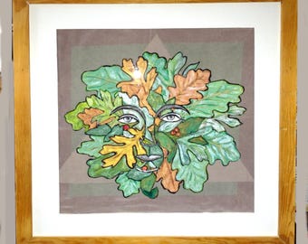 Silk Artwork - Hand-painted Silk Wall Art - Title: The Greenman 20"x20"