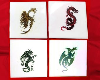 Dragon Laser Etched Tiles - Hand-Tinted Coaster or Candle base Set