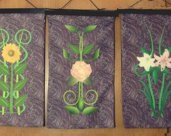 Floral Art Deco Wall Decor Set of 3 - Styled Flower Triptych - 11"x18" Wall Hanging