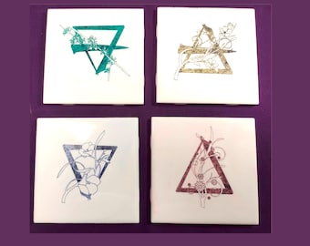 Laser Etched Tiles - Hand-Tinted Set Symbols of The Elements with Seasonal Flowers for your altar or home