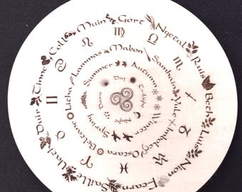 Wheel of the Year Wood Plaque - Laser Engraved Pagan Wall Art with Ogham Tree Alphabet & Triskele | Wiccan Sabbats Zodiac Decor