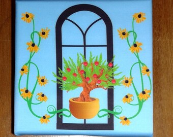 Potted Fruit Trees with Seasonal Flowers - Original Design Print on Silk Blend - 8x8 Stretched Textile Painting - Botanical Wall Decor