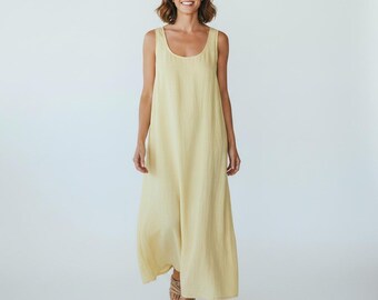 Vintage Paradox Linen Blend Made In USA Butter Yellow Pockets Maxi Dress 16