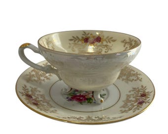 Vintage Footed Tea Cup Saucer Del Mar Hand Painted Floral Design 24K Gold Trim