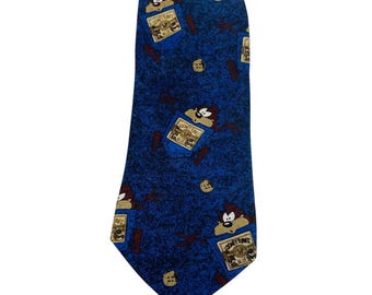 Vintage Looney Tunes Mania Nostalgia Devil Taz Stamp Necktie Tie Mens 57" Blue