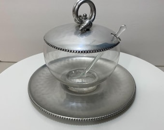 Vintage Jelly Sugar Bowl w/ Spoon & Tray Silver Color Stainless Clear Glass Set