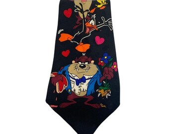 Vintage Looney Tunes Silk Nostalgia Taz Daffy Tweety Necktie Tie Mens 57" Black