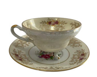 Vintage Footed Tea Cup Saucer Del Mar Hand Painted Floral Design 24K Gold Trim