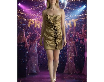 Vtg Jessica McClintock Gunne Sax Satin Gold Ruffle Strapple Party Mini Dress 5