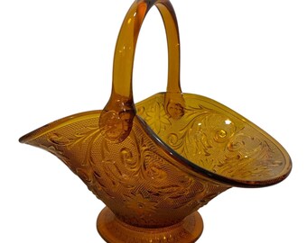 Vintage Collectible Art Deco Tiara Indiana Amber Sandwich Glass Handled Basket