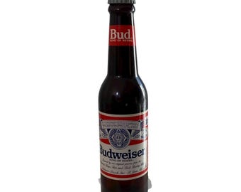 Vintage Budweiser Beer Bottle Coin Bank Plastic 23" Tall Removable Cap Man Cave