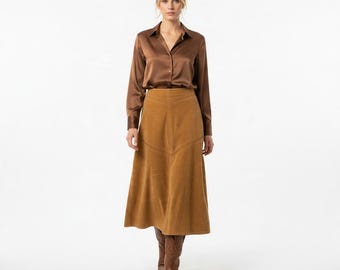 Vintage Y2K Cord-Patchwork-Maxirock A-Linie Western Boho Tan Prairie 18
