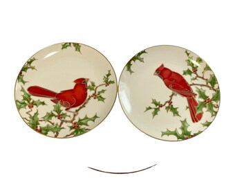 VINTAGE Set of 2 Fitz & Floyd Christmas Holly Cardinal Salad 245 Plate 7.5"