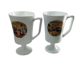 Vintage Americana Flag Bicentennial Milk Glass Pedestal Footed Historical Mugs 2