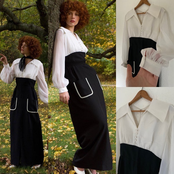 Vintage 1970s Beautiful Sharp Collared Balloon Sheer Long Sleeve Cuffed White Blouse Top Black ALine Maxi Dress w Deep Pockets w Pearls S/M