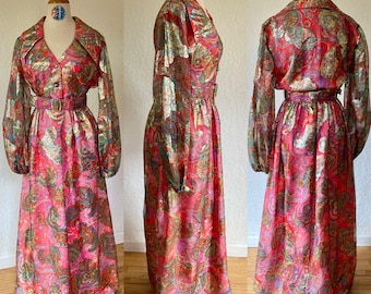 Vintage 1970s Ultra Rare Stunning Holly Gloria Moret of CA Long Sleeve Paisley Collared Rainbow Golden Groovy Maxi Dress Amazing Condition
