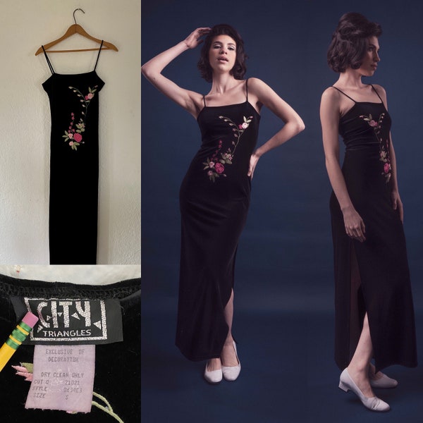 Vintage 1990s Y2K City Triangles Velvet Rose/Vine Detail Maxi Black Slit Dress Fairycore Prom Whimsygoth Size S/M Spandex/Nylon Made in USA