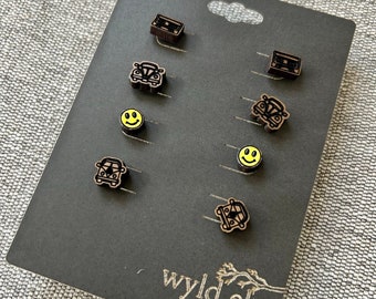 Walnut Wood Stud Earrings - Retro-ish Pack - Lightweight Minimalist Hypoallergenic Earrings - Tiny Hand Painted Design