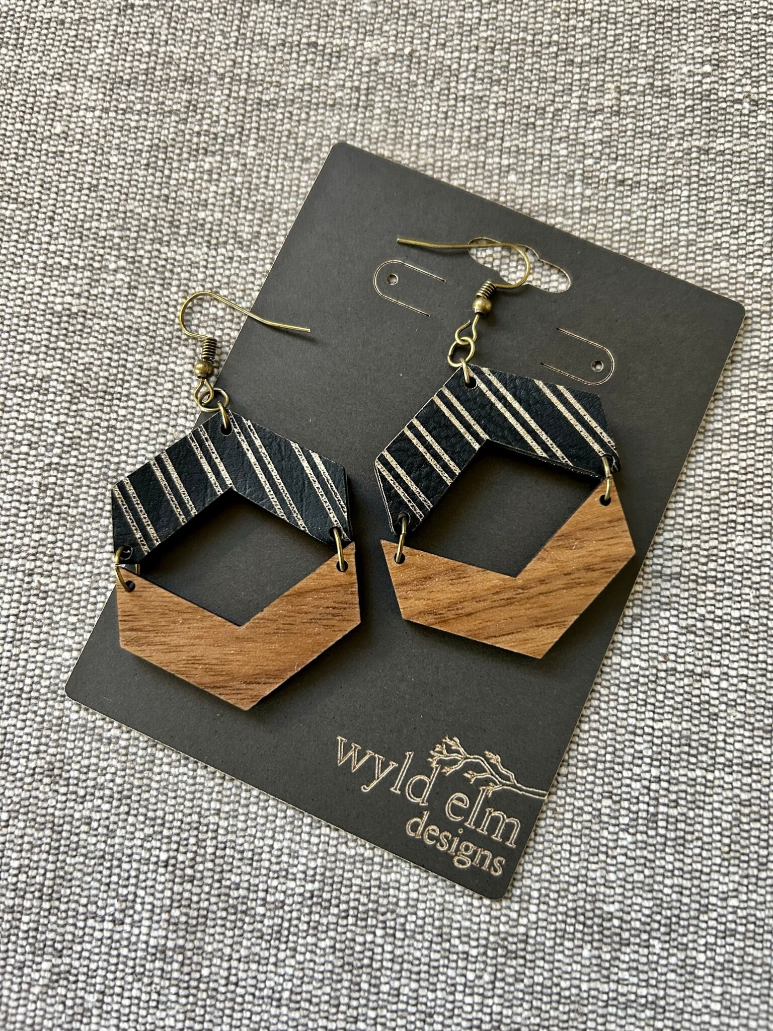 Pinstripe Leather and Walnut Wood Chevron Earrings