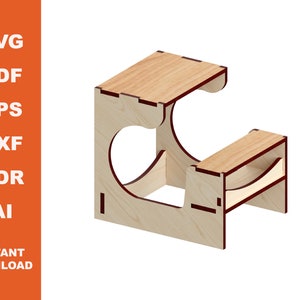 May include: A wooden children's chair and table set with a cutout heart shape in the back of the chair. The chair and table are made of light wood with dark brown edges.