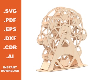 May include: A wooden Ferris wheel model with detailed carvings and a light brown finish. The wheel has eight gondolas and a central hub with a plus sign.