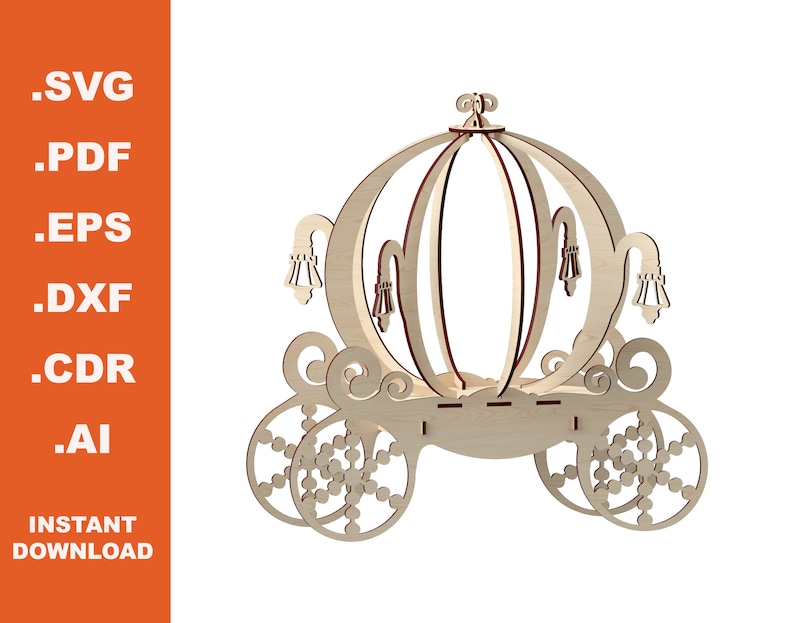 Op de afbeelding: Een houten Cinderella-koets uitsnijding, perfect voor knutselen of decoreren. De koets is gedetailleerd met ingewikkelde krulwerk en heeft een pompoenvormig lichaam.