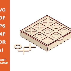 May include: A wooden tic-tac-toe game with a sliding lid. The game board is made of light wood with a red border. The pieces are also made of wood and are shaped like Xs and Os. The game is in an isometric view.
