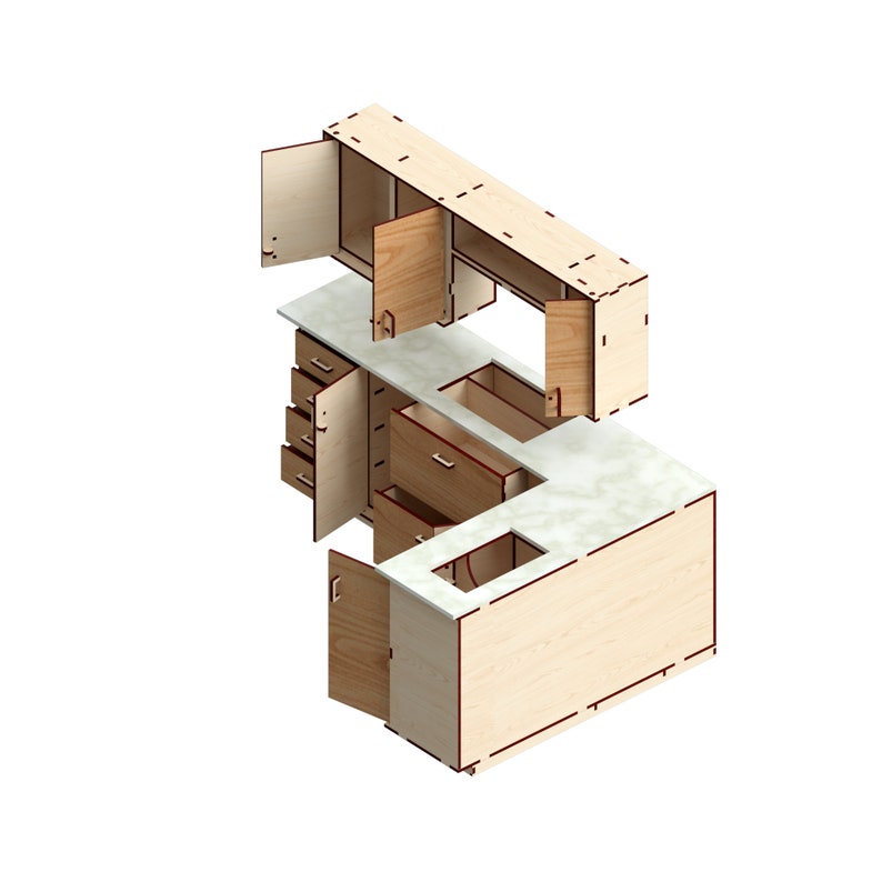 K&ouml;nnte beinhalten: Ein K&uuml;chenschrank-Set aus Holz mit einer wei&szlig;en Arbeitsplatte. Die Schrankt&uuml;ren sind ge&ouml;ffnet und zeigen die inneren Regale und Schubladen. Der Schrank ist aus Sperrholz und hat eine nat&uuml;rliche Holzoptik.