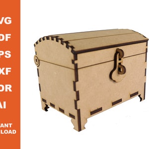 May include: A wooden treasure chest with a hinged lid and a metal latch. The chest is brown and has a distressed finish. It is a decorative item that can be used to store small items.