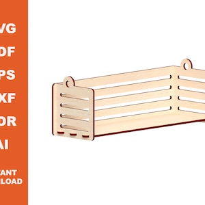 May include: A wooden shelf with a simple design, perfect for displaying small items. The shelf has a light wood finish and is made of thin strips of wood.