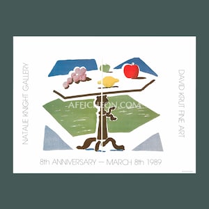 May include: A colorful abstract illustration of a table with fruit on top. The table is brown with a green and blue background. The text "8th ANNIVERSARY - MARCH 8th 1989" is at the bottom of the image. The text "NATALIE KNIGHT GALLERY" is on the left side of the image and "DAVID KRUT FINE ART" is on the right side of the image.