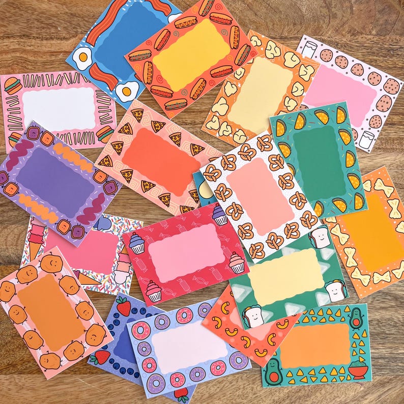 May include: A set of 15 colorful printable planner stickers with various food-themed borders. The stickers are blank and can be used for labeling, organizing, or decorating.