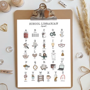 Pu&ograve; includere: Un grafico dell'alfabeto colorato per bibliotecari scolastici. Ogni lettera dell'alfabeto &egrave; abbinata a un'illustrazione e una parola relativa a una biblioteca scolastica. Ad esempio, la lettera A &egrave; abbinata alla parola "Alfabetico" e a un'illustrazione di libri su uno scaffale.
