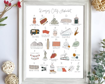 Könnte beinhalten: Ein farbenfroher illustrierter Alphabet-Poster mit Sehenswürdigkeiten und Symbolen von Kansas City, Missouri. Jeder Buchstabe ist mit einer einzigartigen Illustration gepaart, wie zum Beispiel ein Barbecue, die Country Club Plaza und das Nelson-Atkins Museum of Art.