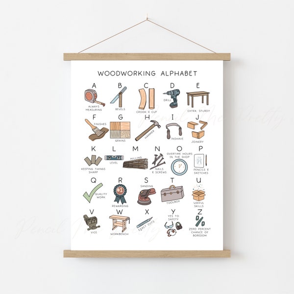 Woodworking Carpentry Alphabet Print - Woodworking Gift / Carpentry Gift / Craftsman / Craftsmanship Gift / Hobby / Joinery / Wood Grain