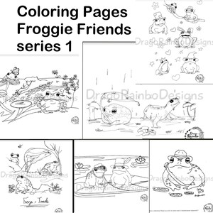 Coloring Pages, Froggy Friends, Series 1, coloring book page bundle pdf printable, 6 pages to color