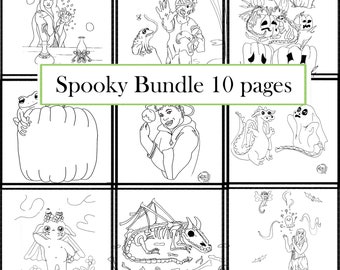 Könnte beinhalten: Ein Set mit 10 Schwarzweiß-Malvorlagen mit gruseligen Figuren und Motiven. Die Seiten beinhalten eine Hexe, einen Kürbis, einen Drachen, ein Gespenst, ein Skelett und mehr. Der Text "Spooky Bundle 10 pages" ist in einem grünen Banner dargestellt.