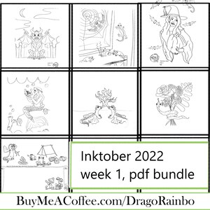 Inktober 2022, week one coloring pages bundle pdf printable, 7 pages to color