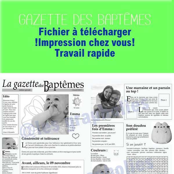 2 pages Gazette des baptêmes à télécharger. Conception unique et personnalisée pour le baptême de votre enfant