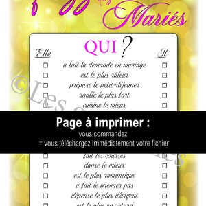 Wedding quiz poster to download, A4 format, festive yellow and pink tone