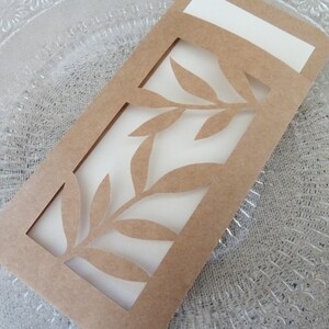 5 pochettes feuilles kraft et ivoire, rangement serviette, rangement couvert, protège photo, décoration table mariage, baptème, naturel,chic