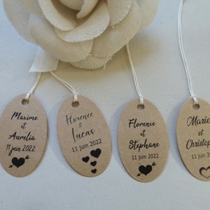 lot de 20 étiquettes personnalisées ovales, 4 choix possibles pour cadeau invité, mariage, en kraft avec ficelles