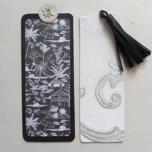 2 bookmarks, leather and paper, recycled materials, bookmark with pompom, gift unique reader, luxury bookmark