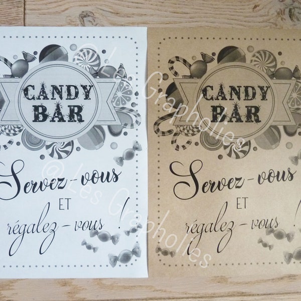 Affiche mariage imprimée candy bar pour mariage,  affiche A4 en kraft brun ou blanc au choix