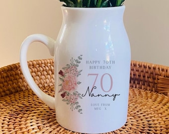 Personalised Birthday Milestone Gift, Small Flower Jug Vase, Personalised 70th Birthday Gift, Nan Gifts, Friend Birthday Keepsake, Christmas