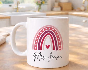 Personalised Teacher Mug, Rainbow Design, Thank You Gift, School Keepsake