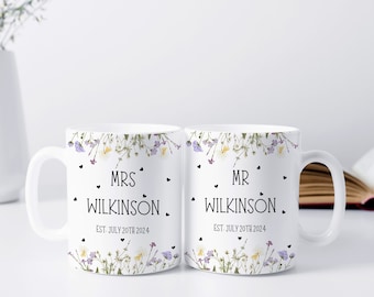 Personalised Wedding Gift, Mr and Mrs Mug Mugs, Couple Gifts, Anniversary Gift, Wedding Gift For Friends, Wild Flower Wedding, Bride & Groom