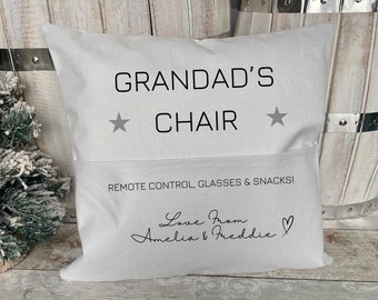 Personalised Grandad Gifts - Fathers Day Gift For Grandad - Grandad Pocket Cushion - Reserved For Grandad - Grandad's Chair - Gift From Kids