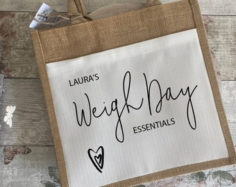 Weigh Day Essentials Bag, Personalised Small Jute Bag, Jute Tote Bag With Pocket, Slimming Essentials, Weight Loss Bag, Food Diary Tote Bag