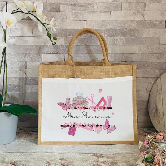 Personalised Teacher Tote Bag, Lunch Bag, Large Book Bag, Nursery Teacher Gift, Jute Bag, Thank You Gift, Graduation Gift, Teacher Supplies